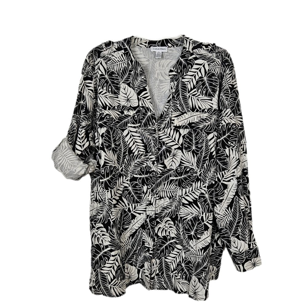 Linen Blend Shirt Button Up Long Roll Tab Sleeve Black White Palm V Neck Womens
